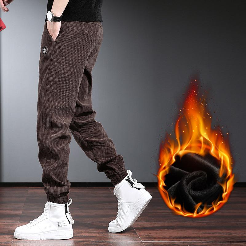 Brown casual pants men's trendy brand loose leggings spring and autumn new plaid corduroy pants men's velvet