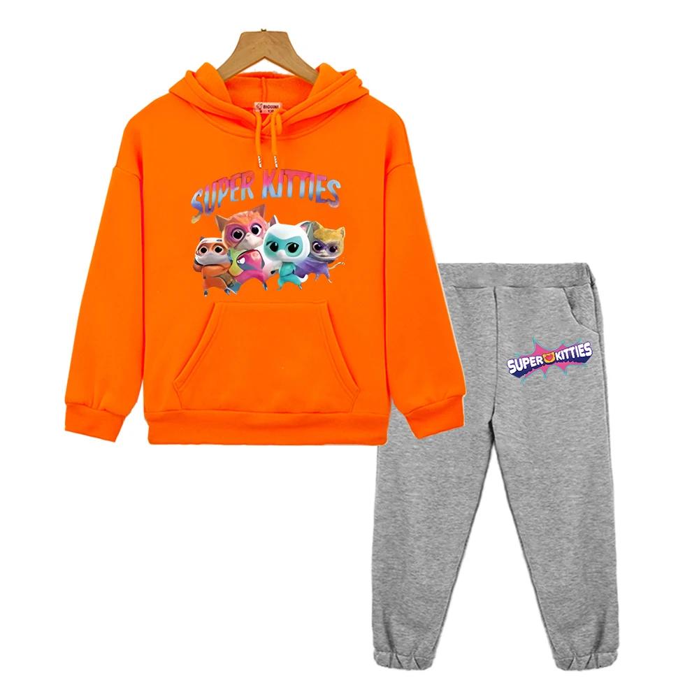 Boys Girl Hooded Sets Super Kitties Anime Hoodie Fleece Sweatshirt Cat Jacket 2pcs Pullover+pant Autumn Kids Boutique Clothes