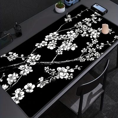 PC Großes Floral Mousepad Rutschfeste Gummibasis Langlebige Genähte Kanten Schwarz mit Weißem Kirschblüten-Design