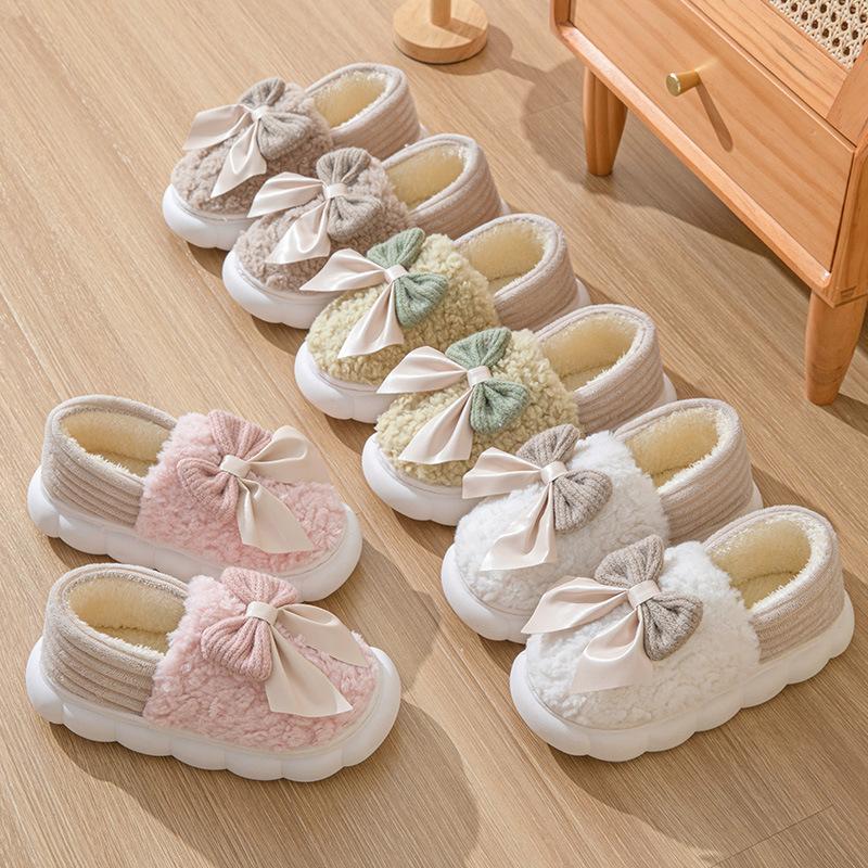 Bow Bag Heel Cotton Slippers Autumn and Winter Wool Mop Indoor Home Use Velvet Thick-soled Warm Cotton Shoes