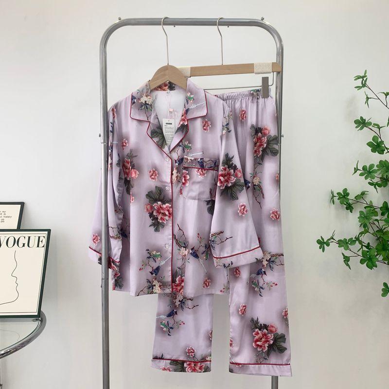 Special Offer Silk Pajamas Set Women Spring and Autumn Print Gift Two-piece Suit Set Long sleeve Homewear Can Be Worn outside Cardigan