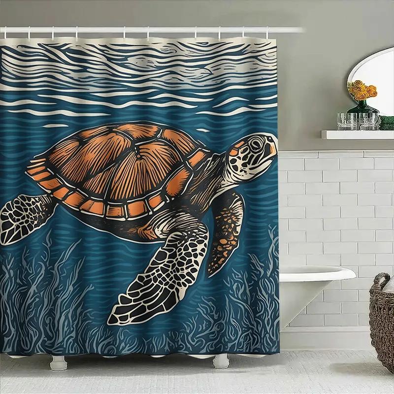Colorful Sea Turtle Shower Curtain Bath Decor Artistic Design Modern Decoration For Bathroom Blue And Orange Turtles Pattern
