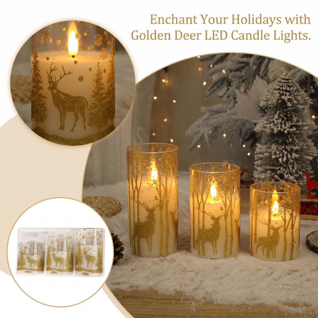 Gold Christmas LED Flameless Candle for Holiday Decor, Requires 3 AAA Batteries