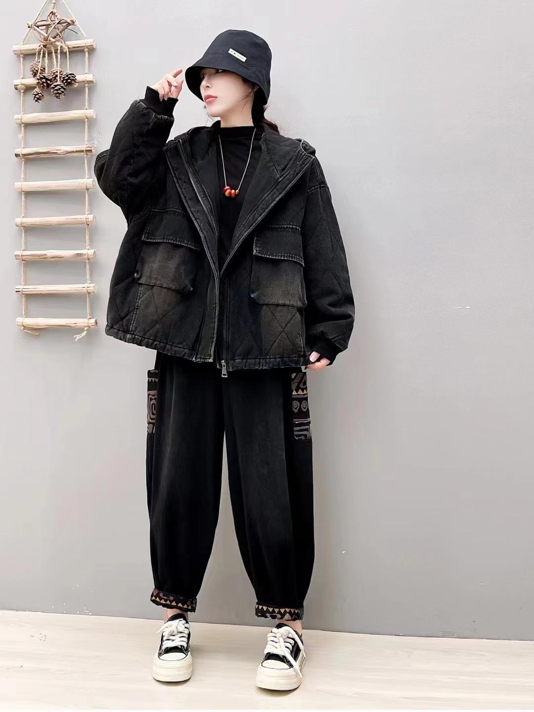 

2025 autumn new short jacket hem with pull rope single solid color versatile denim warm jacket top women one size fits all чёрный