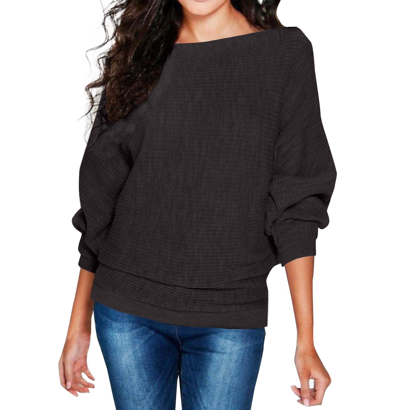 

Женская мода с круглым вырезом, свободный повседневный вязаный однотонный топ с длинными рукавами M чёрный