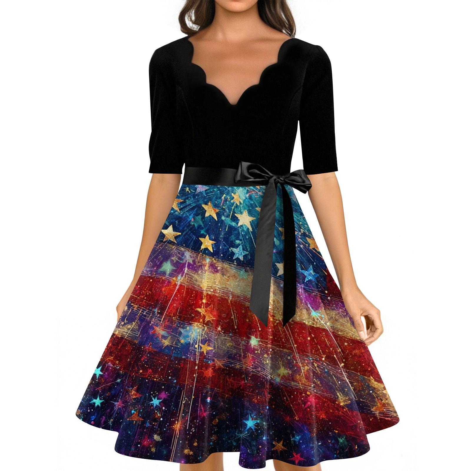 Women s Casual Fashion V-neck Retro Short-sleeved Dress With Flag Independence Day Print XXL красный