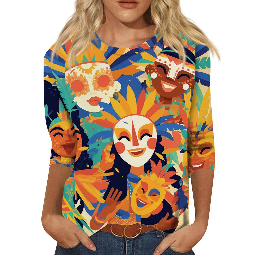 Dámský módní ležérní top s tříčtvrtečním rukávem a karnevalovým potiskem u krku