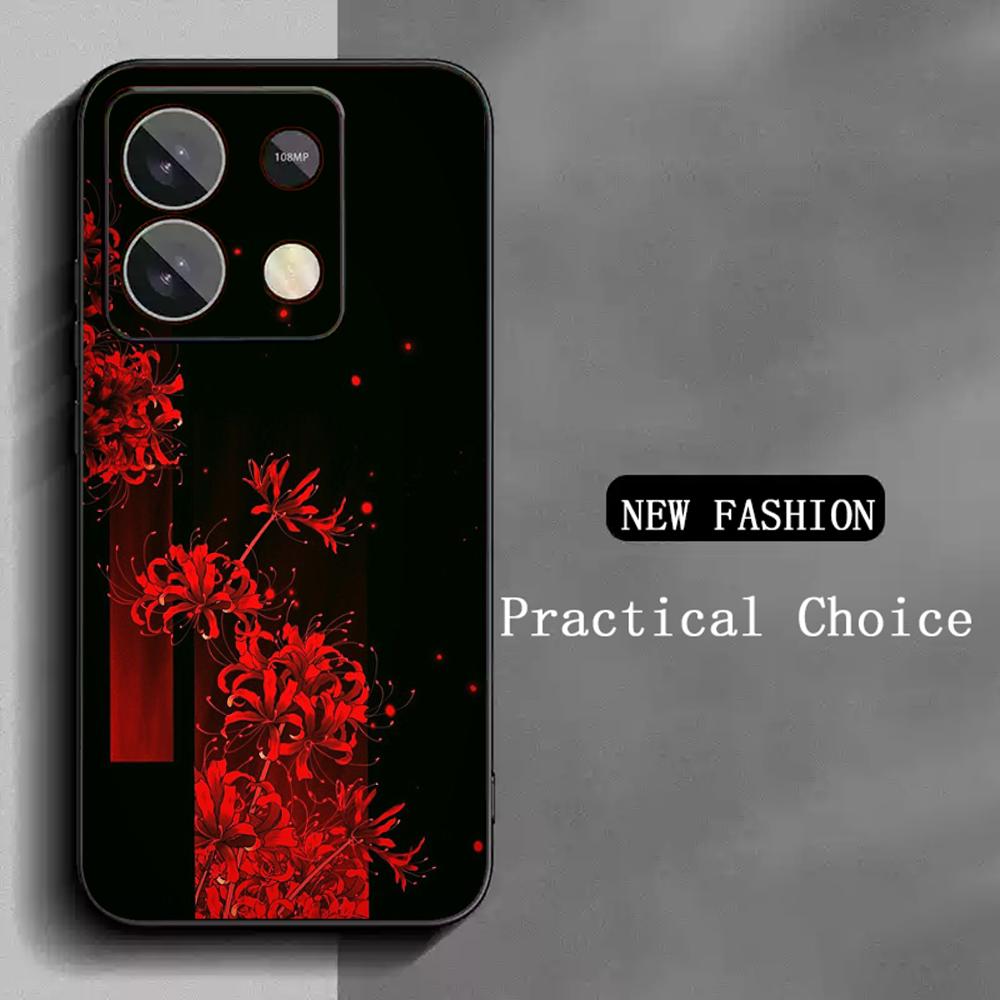 Japan Art Red Spider Lily Pattern Phone Case For Redmi Note 14 13 12 11 Pro Plus S 5G 14C A3 Soft Black Phone Cover
