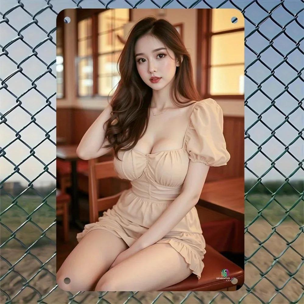 Vintage Metal Wall Art 8x12 Inch Elegant Lady White Dress Brown Hat Home Decor