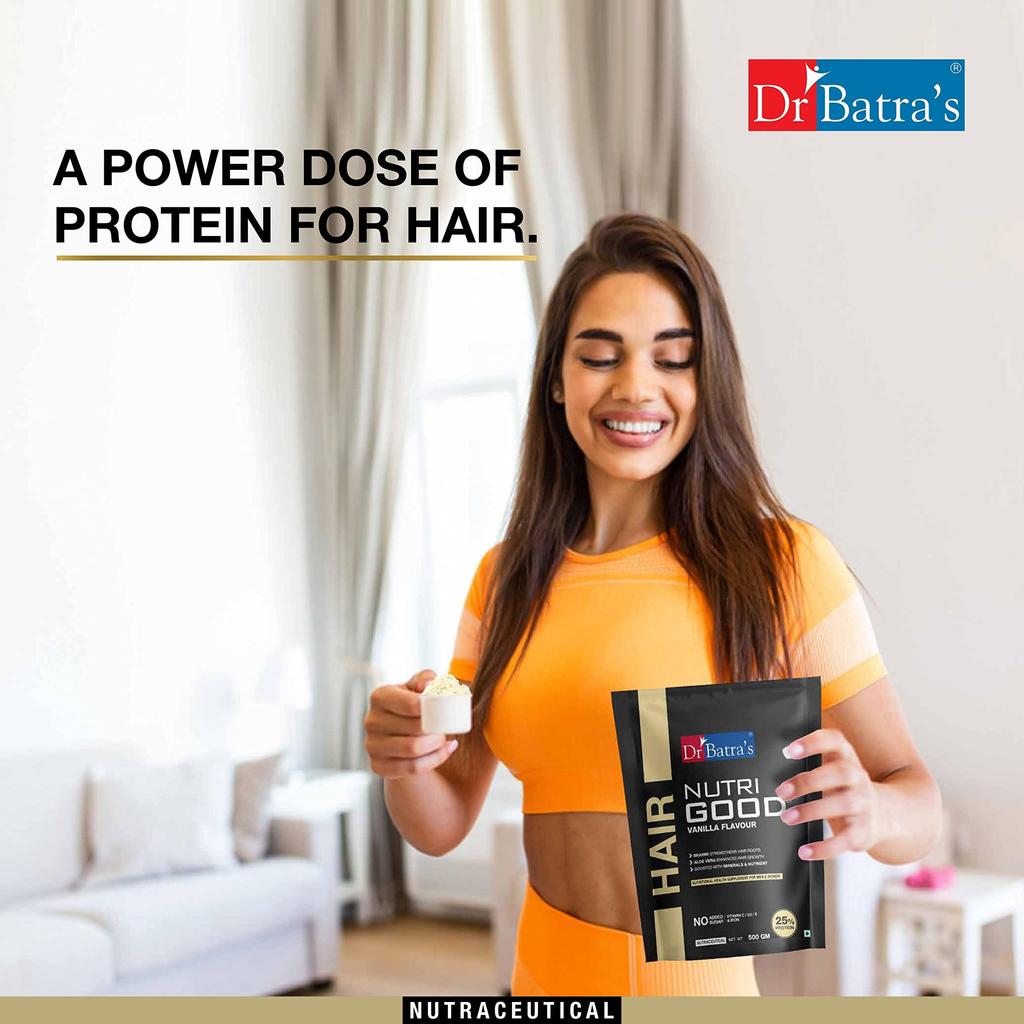 Dr Batra’s Nutrigood Hair Protein Powder 500g Vanilla with Brahmi, Biotin, Collagen & Keratin | Supplement for Hair Fall Control, Hair Growth, St