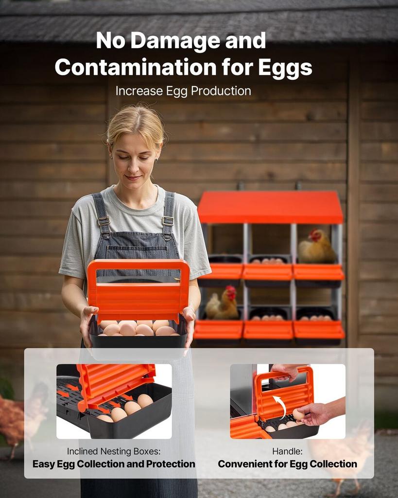 2 Tiers Chicken Nesting Boxes, 6 Compartments, Metal Egg Laying Boxes with Protective Collection Lids, Roll Out Nesting Box, Easy to Assemble, Ideal