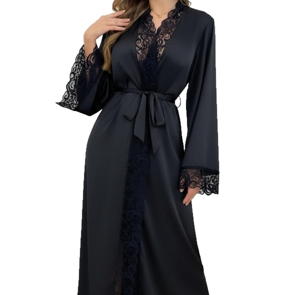 Neuer einfarbiger Spitzen-Nachthemd-Bademantel-Pyjama für Damen