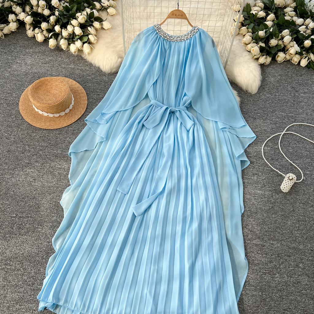 Elegante vestido largo plisado de gasa con cuello redondo, cordones y mangas estilo capa vintage para mujer, ropa de calle de moda