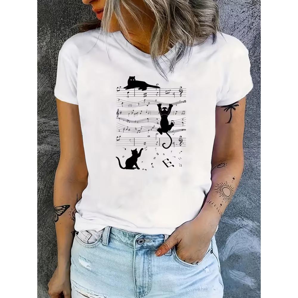 Letter Print Cat T-Shirt Women’s Crew Neck Short Sleeve Tee Cute Black Cat Book Print Shirt for Cat Lovers Daily Wear