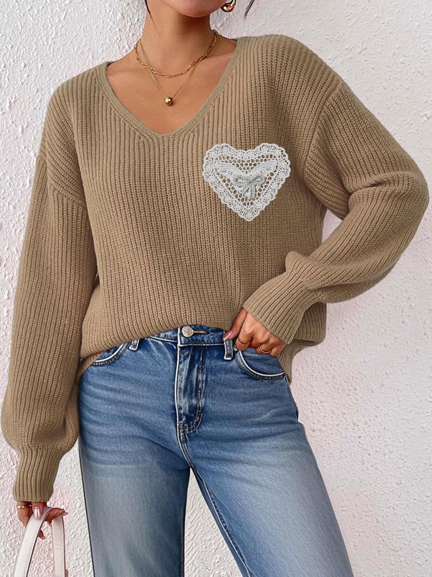 

Осенне-зимние свитера Женский свитер с V-образным вырезом Кружево, инкрустированное кирпичными бантиками и прокладкой, Пуловер-топ S верблюд