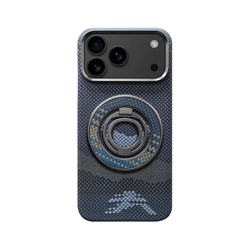 True Aramid Carbon Fiber Pattern Business Phone Case For IPhone 17 Pro Max Air Enhanced For MagSafe Ring Holder Protective Cover