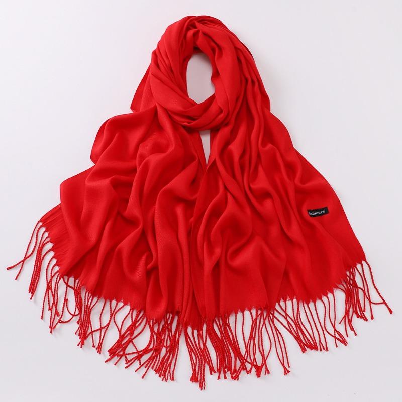 Autumn and winter various solid color imitation cashmere scarves women's monochrome thickened warm fringed shawl scarf scarf bright red scarf