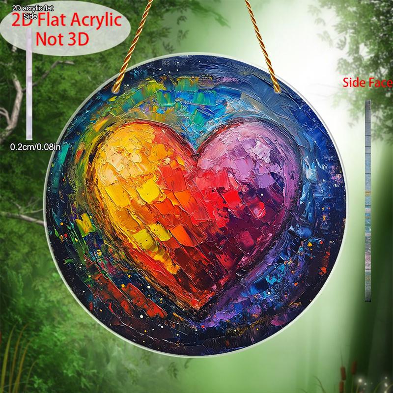 Acrylic Vintage Rainbow Heart Suncatcher in a 2D Flat Design, Ideal for Decorating Walls. This Round Sign Is Perfect for Window Sills, Porches