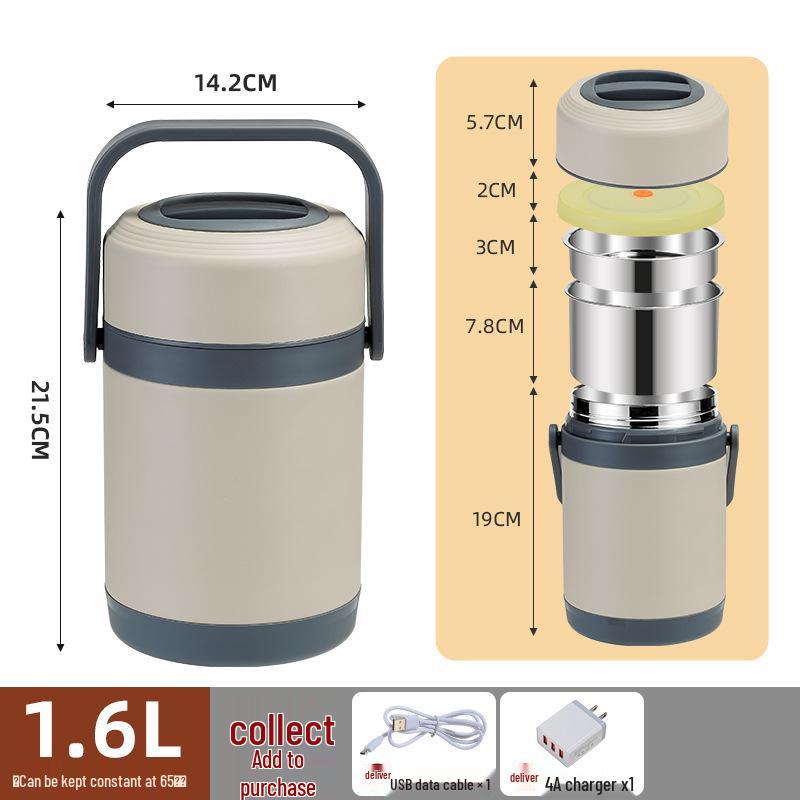 Contenitore per Riso Portatile in Acciaio Inossidabile Riscaldato USB - Grande Capacità, Pranzo Isolato per Uso Esterno e in Ufficio