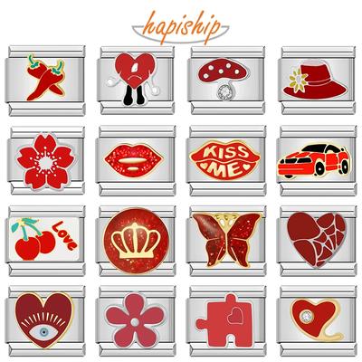 Hapiship 2024 Damen-Charms mit roter Glasur, Blumen- und Herzmotiv, Kiss Me, italienische Links, passend für 9 mm Edelstahlarmband, Schmuckherstellung, ZH003