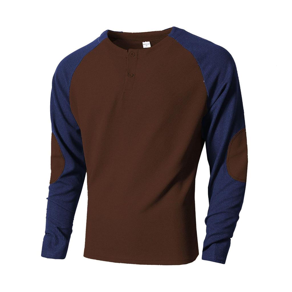 Men's Cross-Border Casual Raglan Sleeve Patchwork Round Neck Waffle Knit Sweatshirt for Spring/Autumn