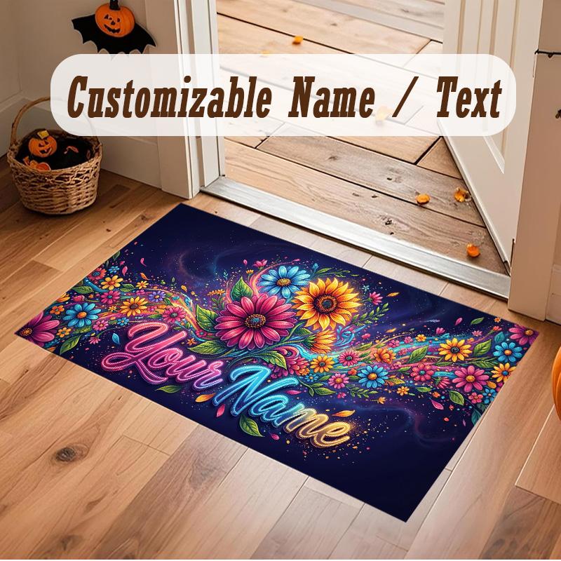 Floral Garden Theme Soft Crystal Velvet Rug Custom Name & Text Print Non Slip Floor Rug for Bedroom Living Room
