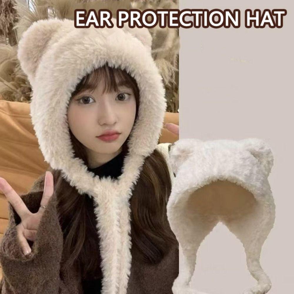 Cartoon Plush Pullover Hats Soft Cute Cat Ear Hat Y2K Ear Protection Hat  Outdoor