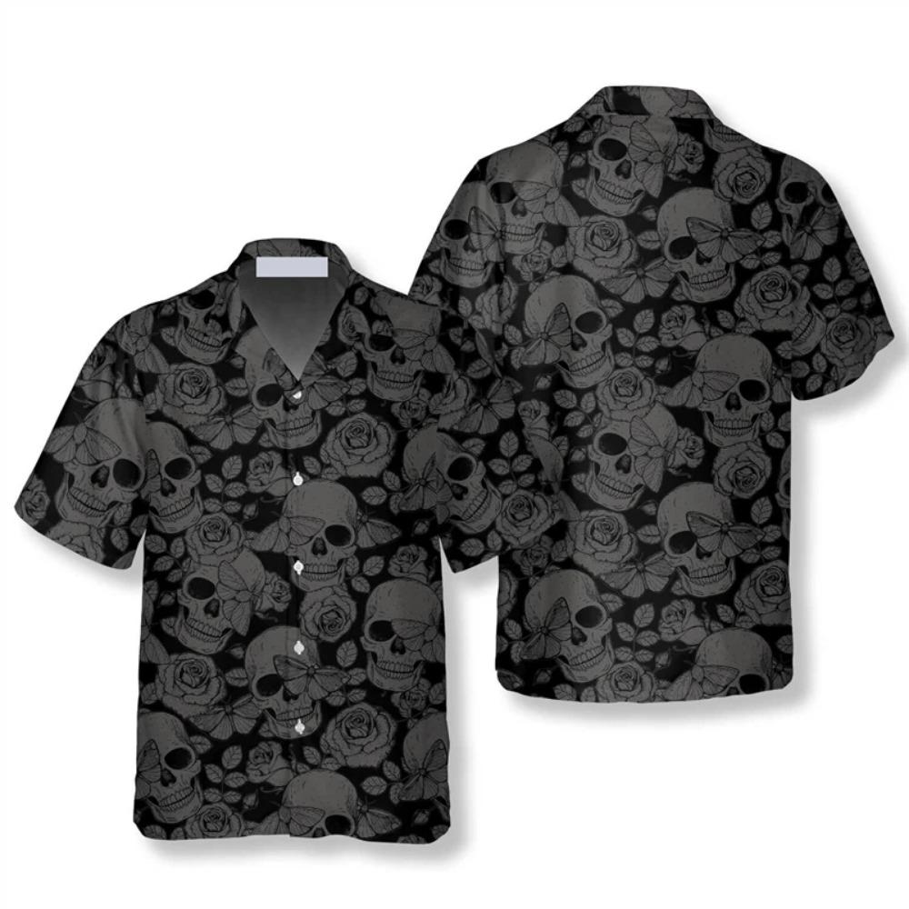 Camicia Estiva Vintage con Teschio per Uomo Camicie da Spiaggia Stampa 3D Fiori Piante Camicia Hawaiana Street Camicie a Maniche Corte da Donna Top