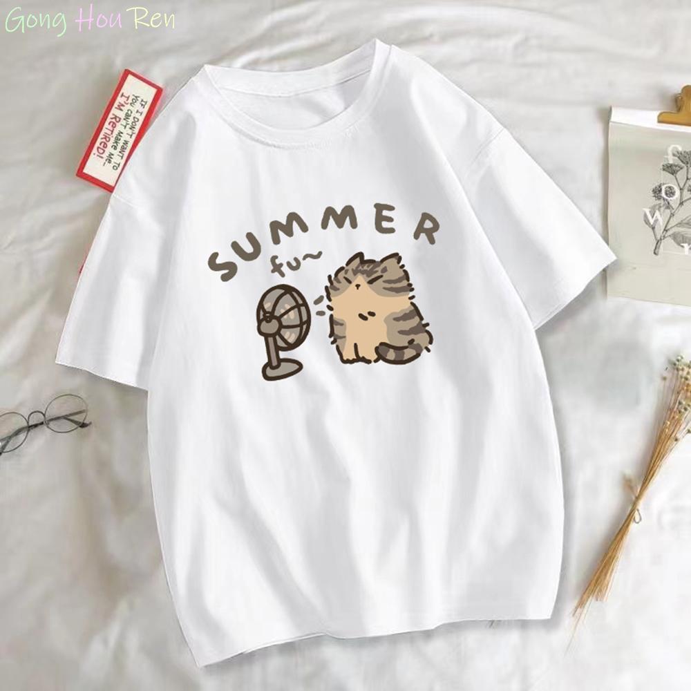 

Забавная футболка с вентилятором и котом Летняя женская одежда Харадзюку Повседневная футболка с коротким рукавом Унисекс Каваий Графические футболки Модал Y2k Топы M