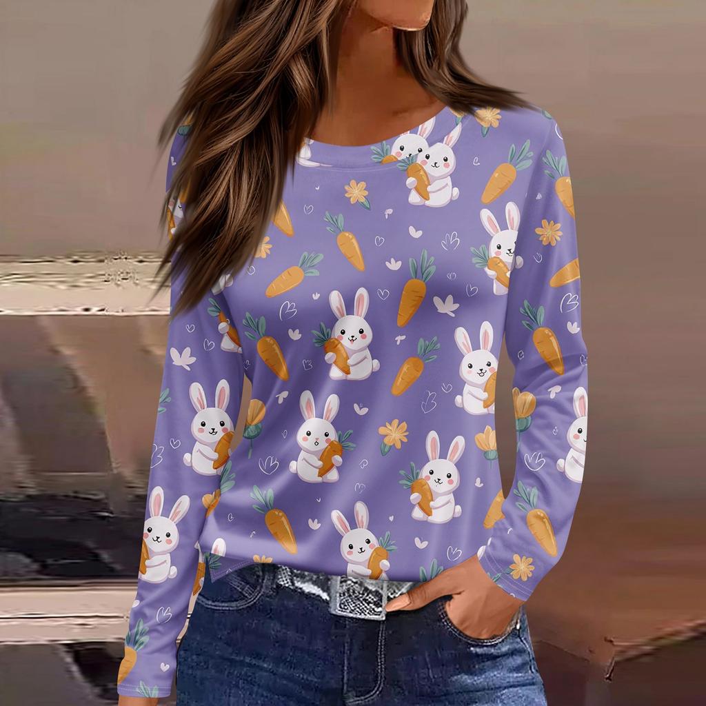 Damska modna, swobodna, rozcięta na dole, okrągły dekolt, długi rękaw, luźny, nadrukowany T-shirt