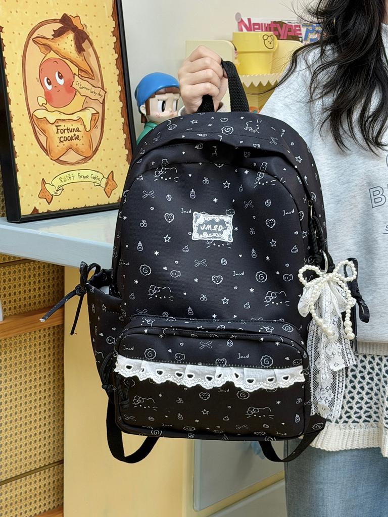 2 sizes of lace women's backpacks with beaded pendants Ins Cute Cartoon Printed school bags Sweet ladies travel mini backpack