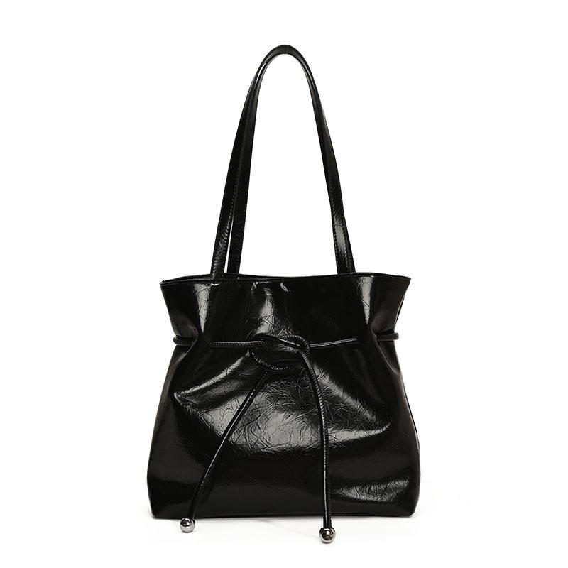 Minimalist Tote Bag For Women With Drawstring Closure Pu Material For Daily Use Black
