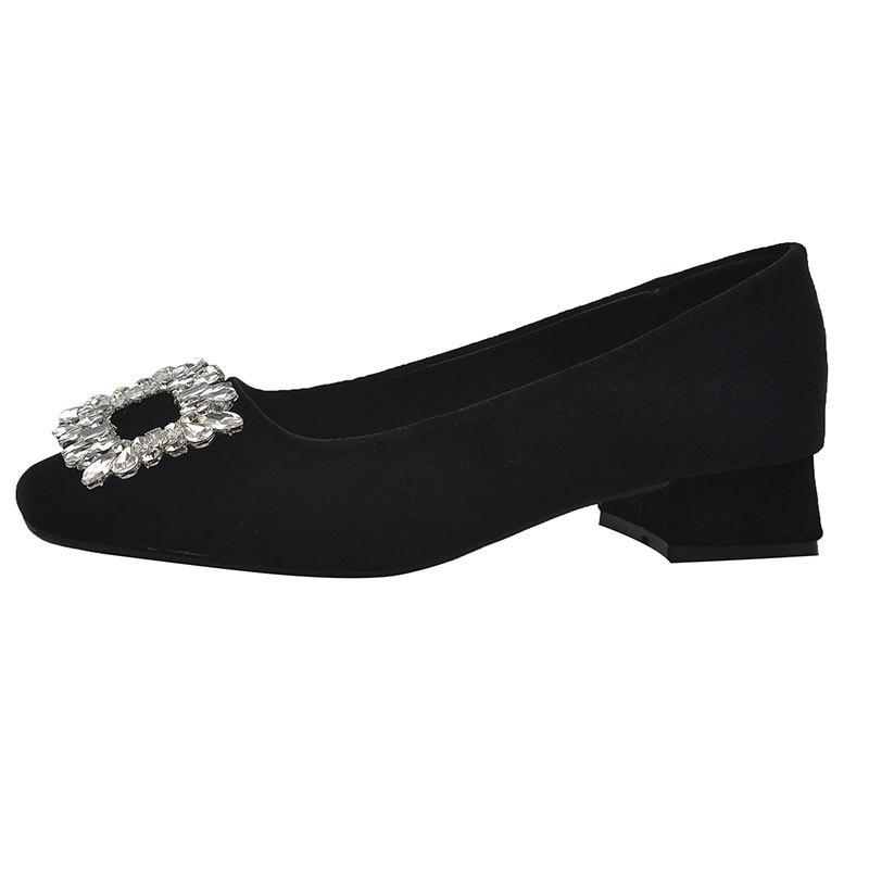Coarse heel French rhinestone temperament single shoes women's shoes 2025 new spring and summer popular black square head commuter high heels
