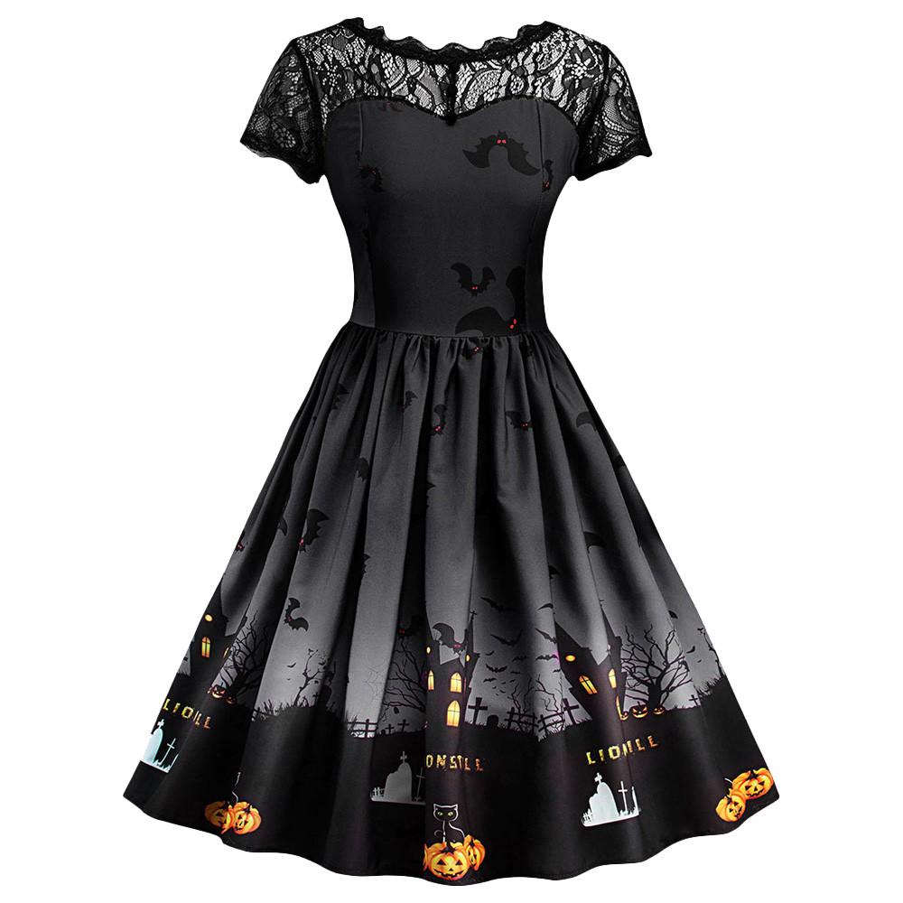Women Short Sleeve Halloween Retro Lace Vintage Dress A Line  Swing Dress