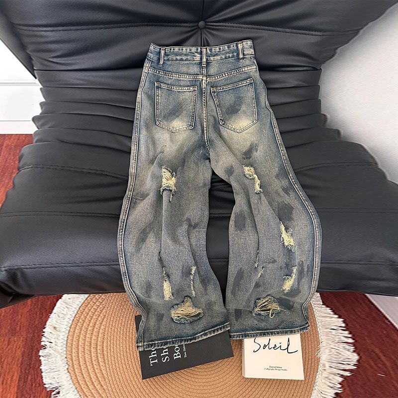 Blue Beggar Hole Broken Jeans Female Summer Thin Washed Small Pear-shaped Figure Skinny Dragging The Ground High-waisted Trousers Long Denim Pants
