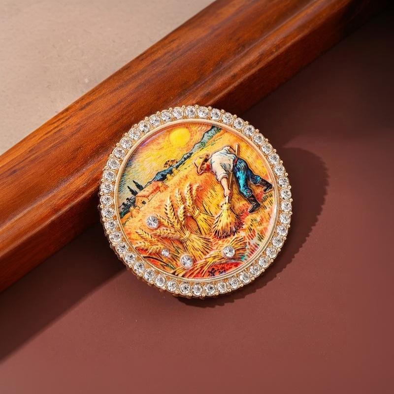1Pcs Rhinestone Round Lapel Pin Famous Painting Brooches For Women The Starry Night And Farmer In Wheat Field Party Brooch Badge