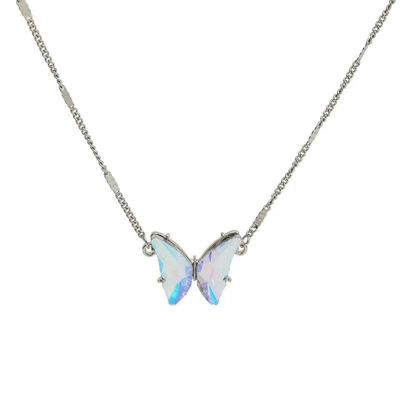 Laser gradual change rhinestone butterfly small thin chain necklace female niche temperament cool versatile collarbone chain neck chain