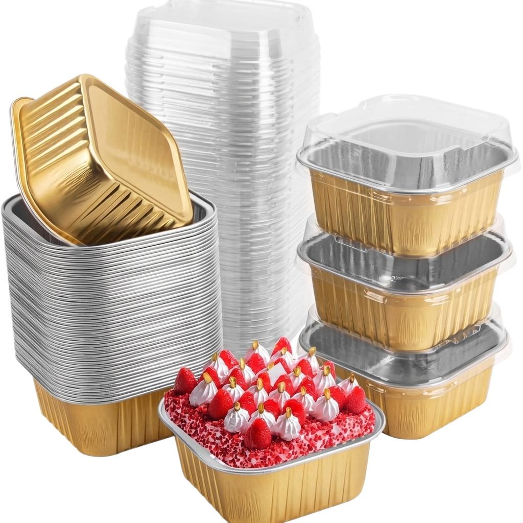 30 Pack Aluminum Foil Cake Pans with Plastic Lids Square Disposable Baking Containers for Desserts Pastries Bread Muffins and Food Storage