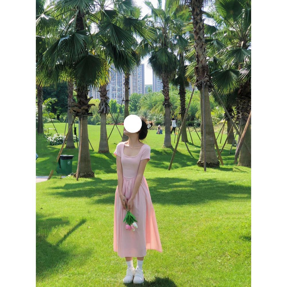 Šaty ve stylu akademie léto nové plisované s vysokým pasem temperament jednobarevné středně dlouhé šaty děti