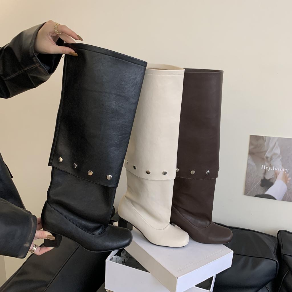 Two Wear Removable Knee Boots 2025 Summer New Retro Thick Heel Rivet High Tube Stacking Boots