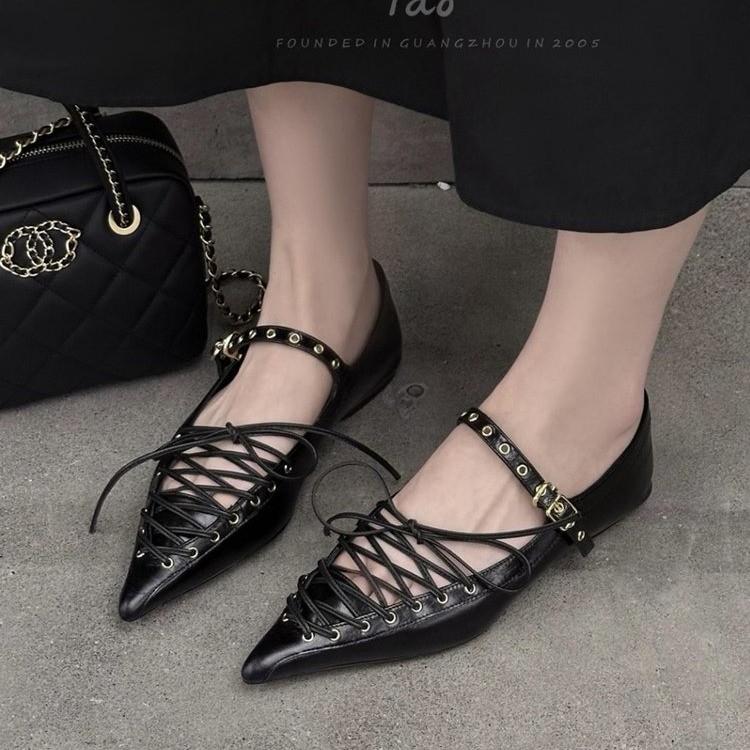 Fashion Sexy Lace-up Bow Pointed Toe Heeled Sandals Women Summer New Elegant Thin Flat Shoes Soft Leather Slingback Party Dress Shoes