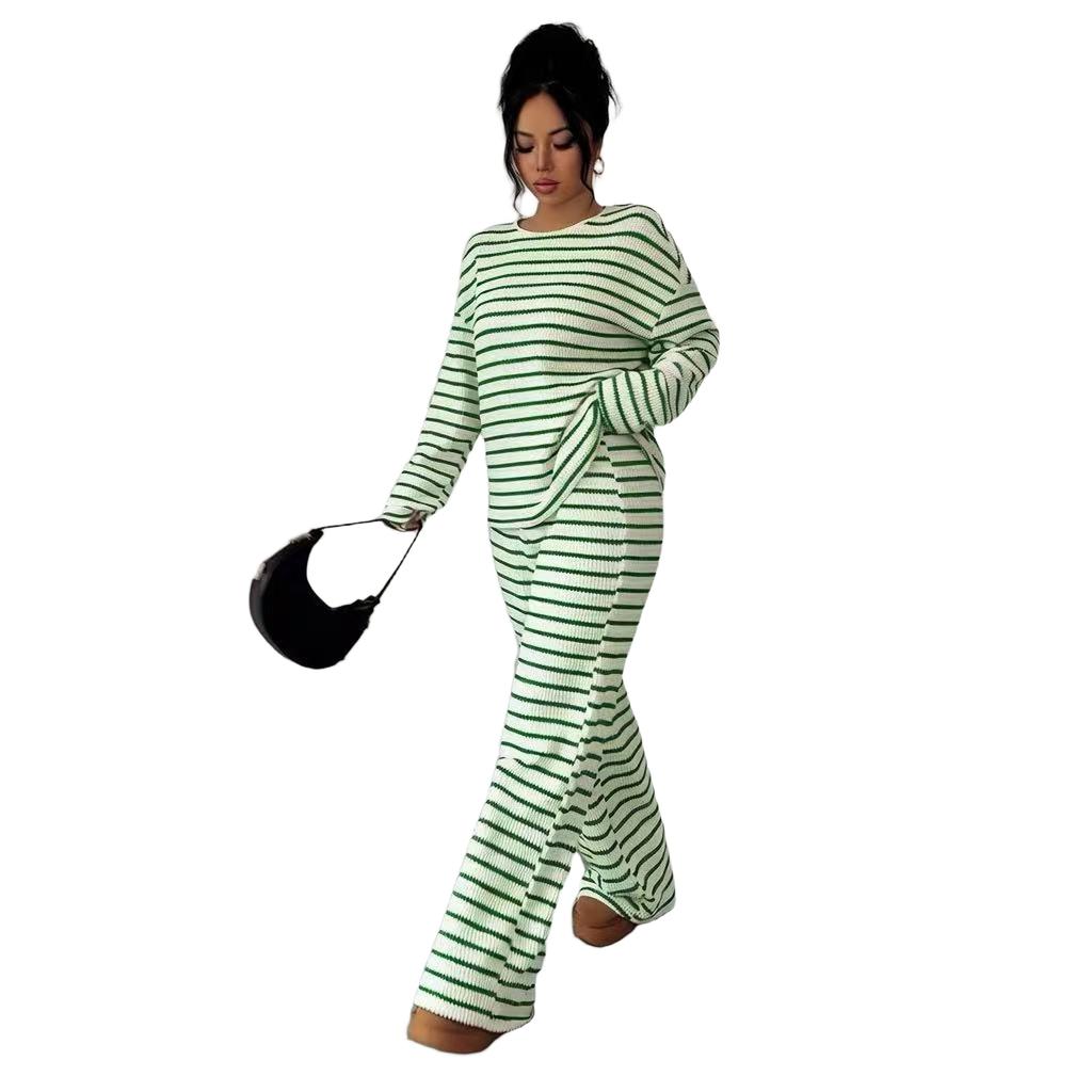 Women's Striped Casual Long Sleeve Top and Wide Leg Pants Set for Fall Winter