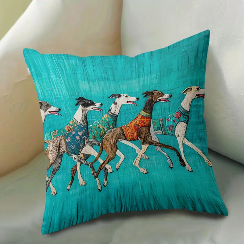 1Pc Cute Greyhound Running Art Print Pillow Cover, 2D Double-Sided Polyester Cushion Case, Colorful Boho Dog Room Decor, Perfect