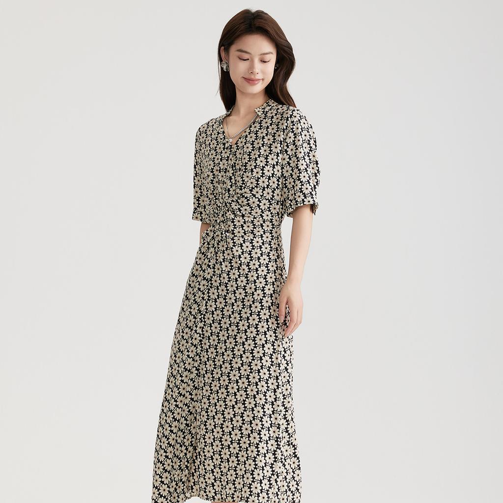 Gubang Printed V-neck Dress for Women In the Summer of 2026, with a Slimming and Waist Hugging Mid Length Chiffon A-line Skirt