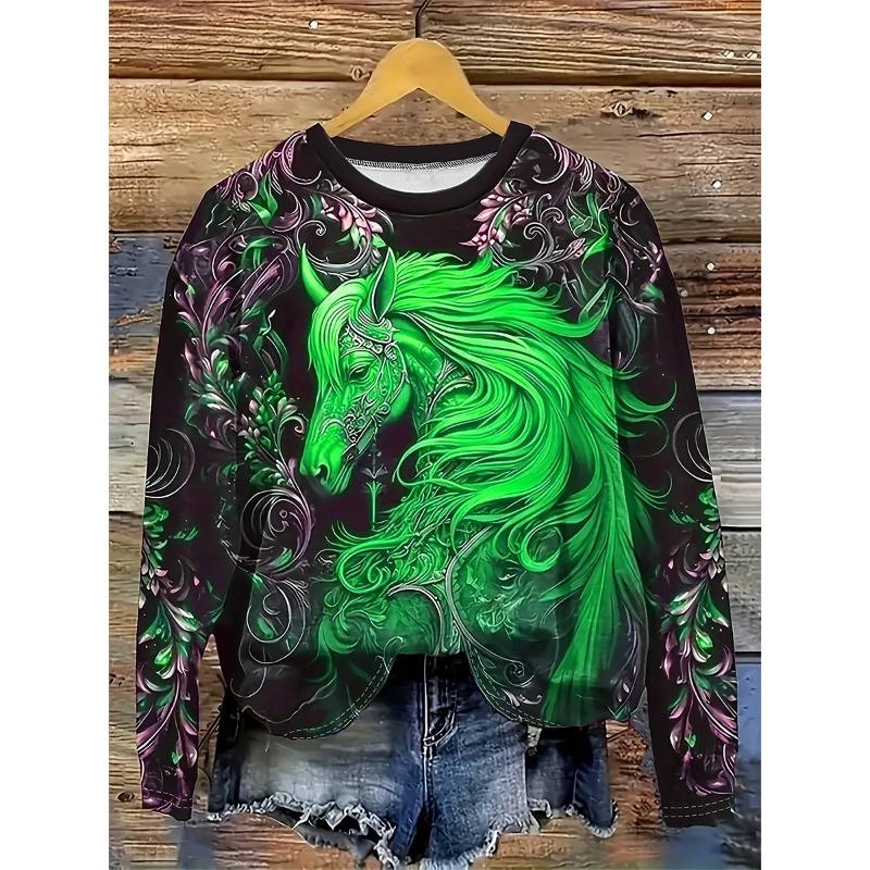 Fashion Horse 3D Printing Women's Long Sleeved T-shirt Autumn Casual Holiday Gifts Festival Tops Harajuku Women's Clothing Tops