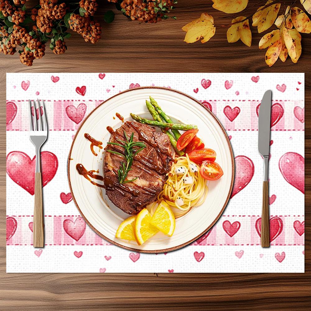 1set/1pc/4pcs/6pcs Valentine'S Day Heart-Shaped Printed Placemats | Polyester, Heat-Insulating, Suitable for Home Decoration, Festival Dining