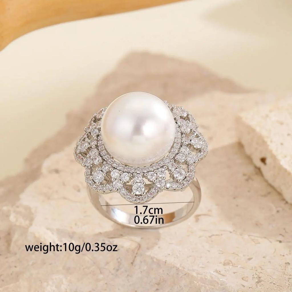 Luxurious Retro Palace Style Exaggerated Oversized Micro-Paved Zirconia Large Pearl Opening Size Adjustable Ring