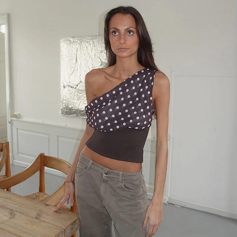 Schulterfreies bedrucktes Patchwork-Halter-Bandage-Top mit Polka Dots