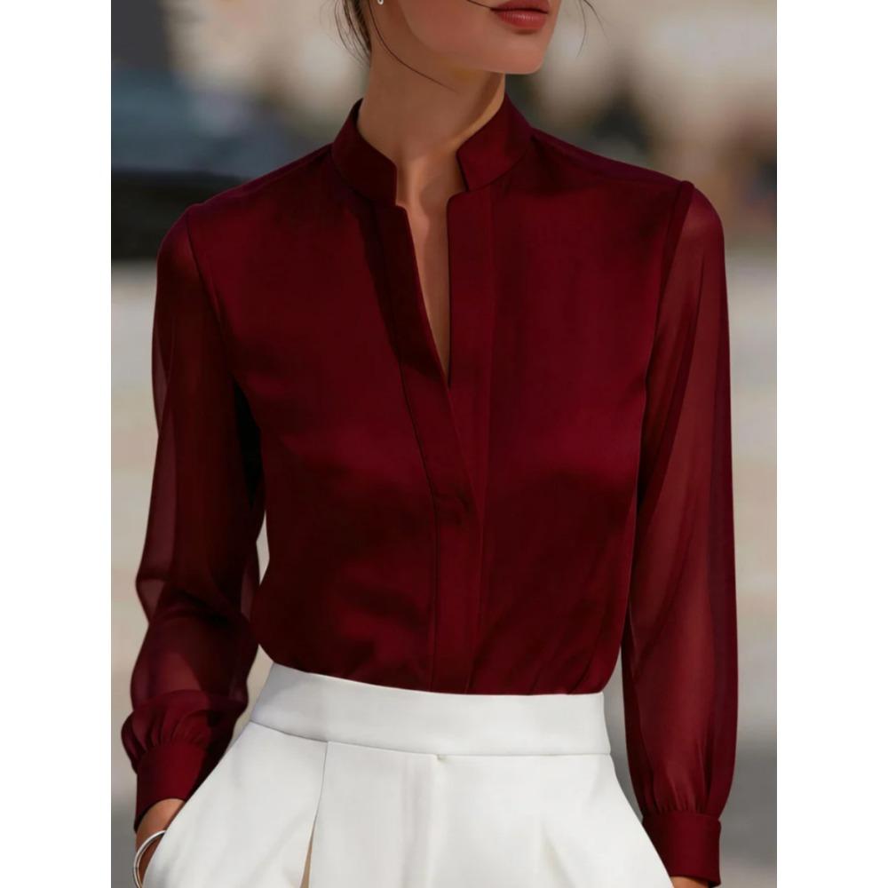 Mesh-paneled Satin Stand-up Collar, Plain-coloured, Sophisticated-chic Women’s Blouse