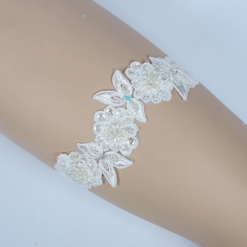 Luxuriöses Spitzen-Brautstrumpfband Something Blue Perle, Blume Perlen Hochzeit Braut